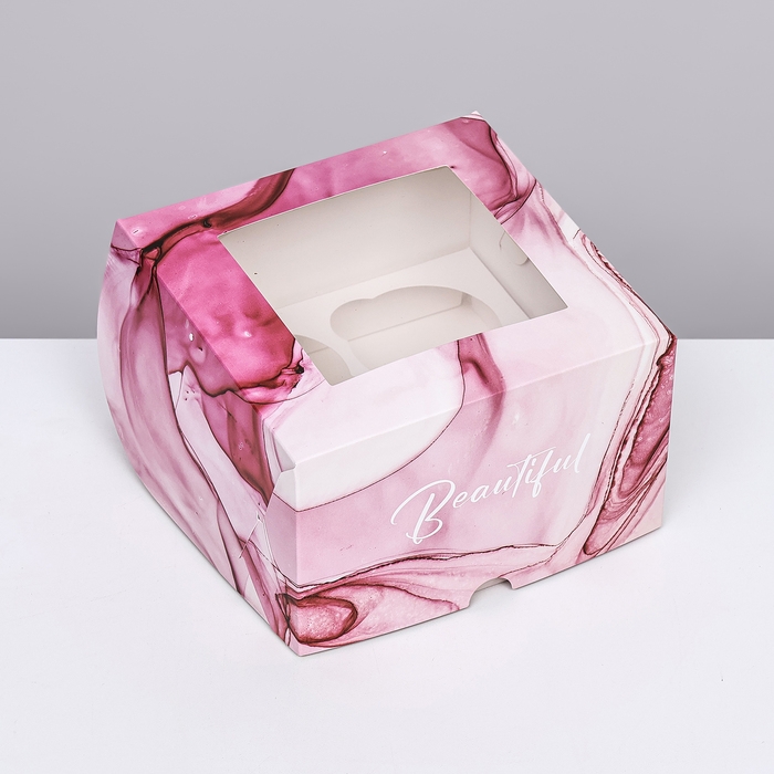 Коробка для 4 капкейков с окном , "Изящность", 16 х 16 х 10 см