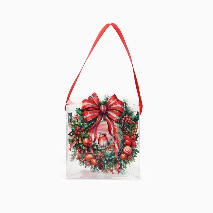 Коробка подарочная новогодняя складная ПВХ, &laquo;Венок новогодний&raquo;, 10 х 10 х 10 см, Новый год