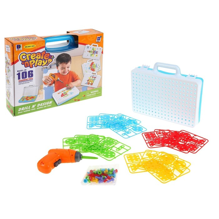 Пластмассовый конструктор в чемоданчике «Создавай и играй», с электрическим шуруповёртом, 106 деталей Пластмассовый конструктор в чемоданчике «Создавай и играй», с электрическим шуруповёртом, 106 деталей