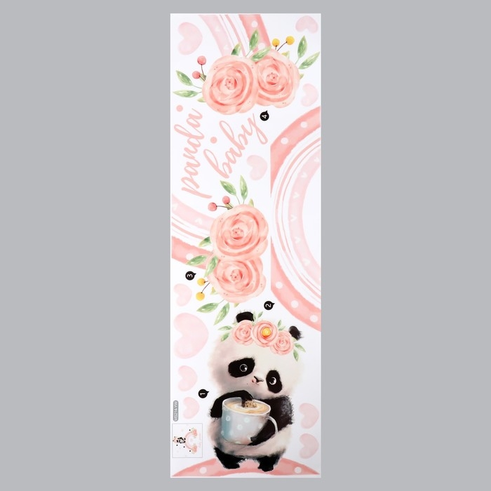 Наклейка пластик интерьерная цветная "Панда с чашкой на радуге" 30х90 см