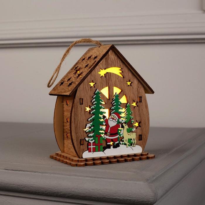 Ёлочная игрушка &laquo;Домик с Дедом Морозом и ёлкой&raquo;, от батареек, свечение тёплое белое