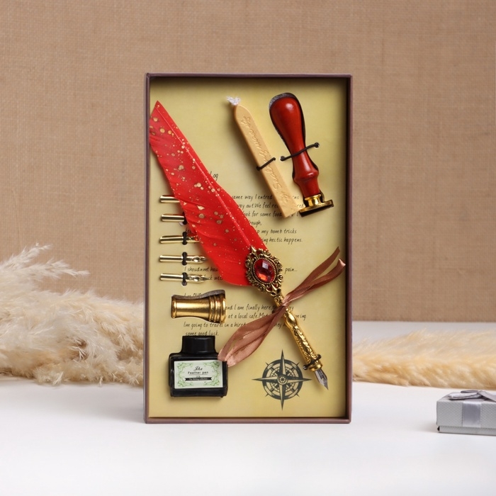 Набор подарочный 5в1 "Реликвия": перьевая ручка розовая, чернила, печать, воск