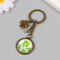 Брелок металл, стекло с карабином "Клевер в медальоне" бронза 9,5 см Брелок металл, стекло с карабином "Клевер в медальоне" бронза 9,5 см
