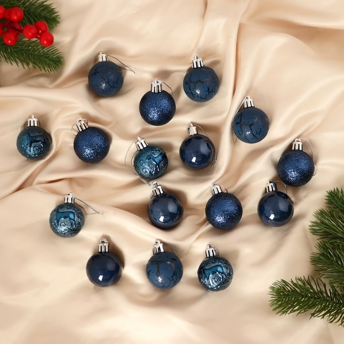 Набор шаров пластик d-4 см, 16 шт "Мелодия" узор треск, синий