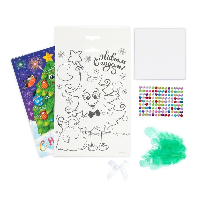 Аппликация перьями и стразами для детей на новый год &laquo;Ёлочка&raquo;, набор для творчества