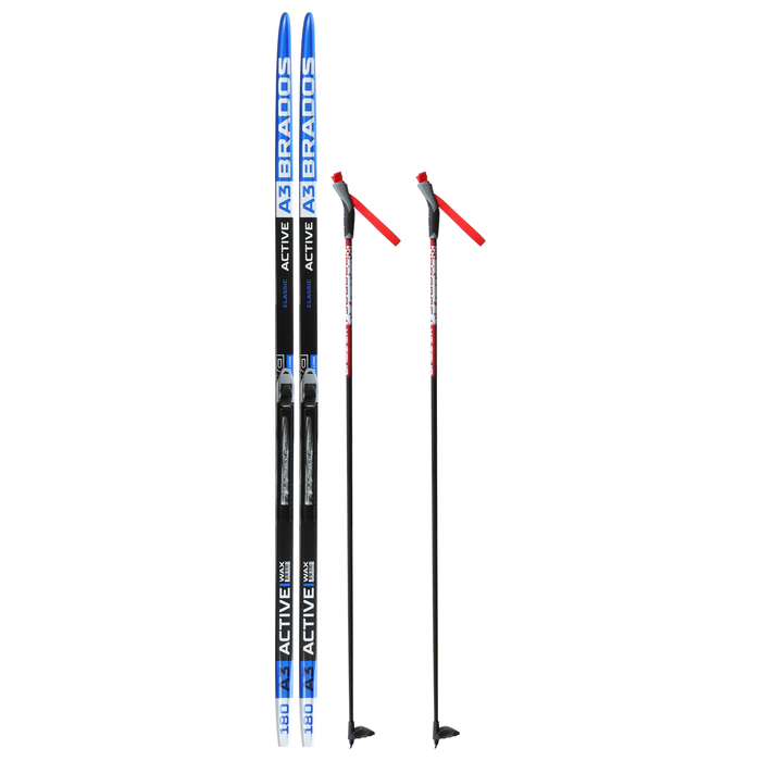 Комплект лыжный: пластиковые лыжи 180 см без насечек, стеклопластиковые палки 140 см, крепления NNN, цвета МИКС