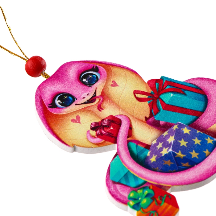 Ёлочная игрушка - подвеска деревянная «Новый год! Змея с подарками», символ года 2025 Ёлочная игрушка - подвеска деревянная «Новый год! Змея с подарками», символ года 2025