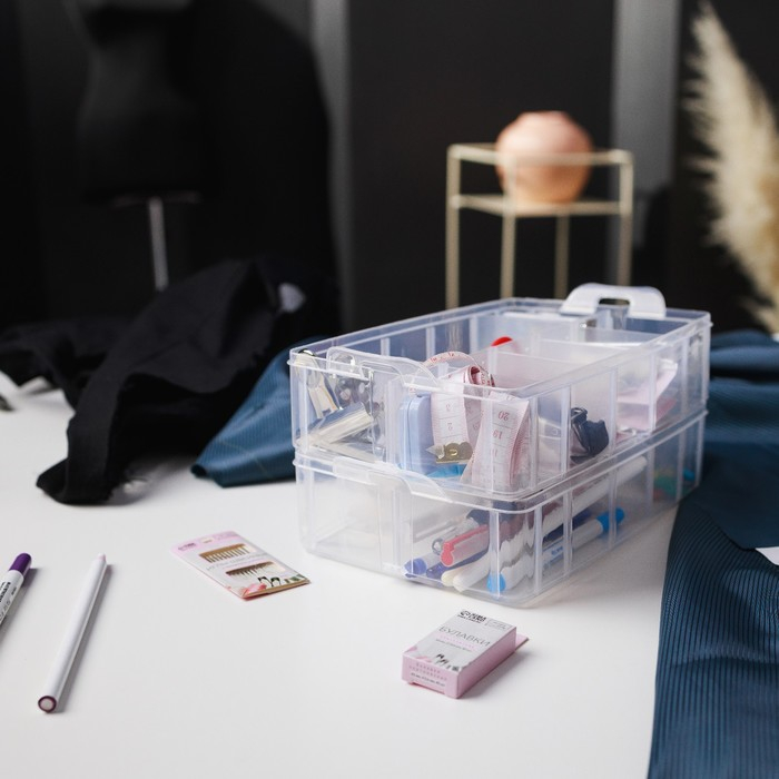 Органайзер для рукоделия, со съёмными ячейками, 3 яруса по 10 отделений, 24,5 × 16,5 × 18 см, с ручкой, цвет прозрачный Органайзер для рукоделия, со съёмными ячейками, 3 яруса по 10 отделений, 24,5 × 16,5 × 18 см, с ручкой, цвет прозрачный