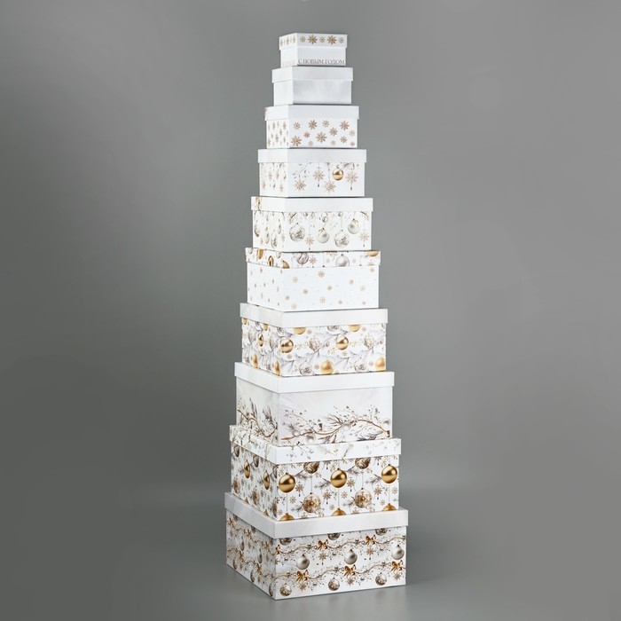 Набор подарочных коробок 10 в 1 &laquo;Белая роскошь&raquo;, 10.2 х 10.2 х 6&ndash;28.2 х 28.2 х 15 см, Новый год