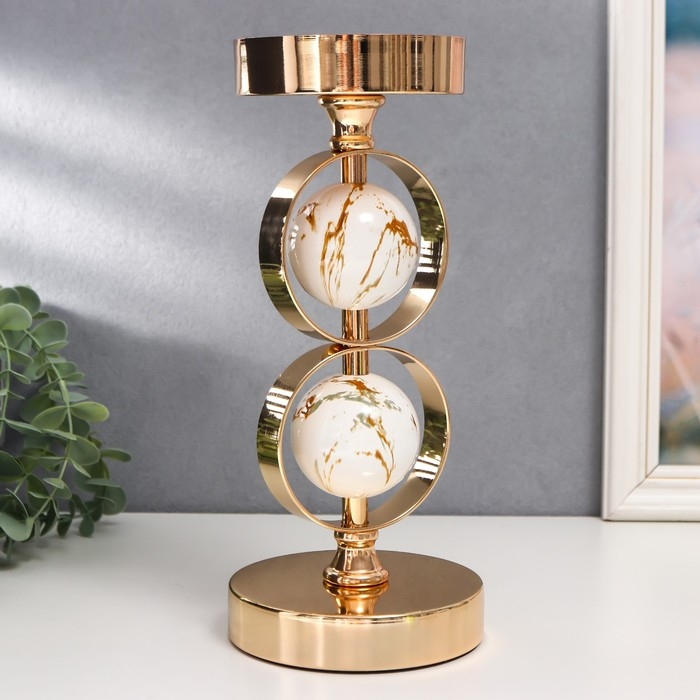 Подсвечник металл на 1 свечу Подсвечник металл на 1 свечу "Два белых мраморных шара в сферах" золото 27х12х12 см