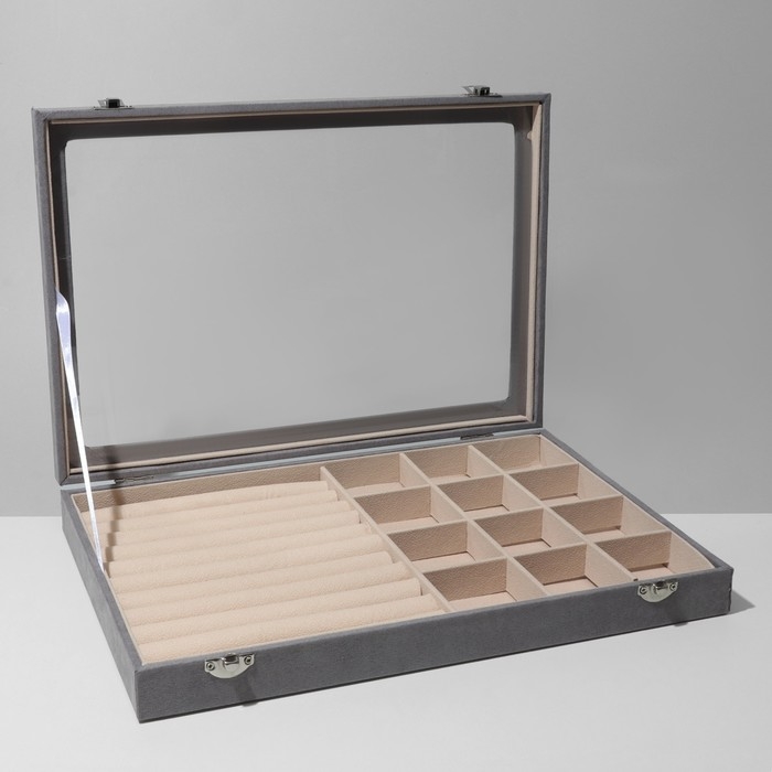 Подставка для украшений &laquo;Шкатулка&raquo; 10 рядов, 12 ячеек, флок, 35&times;24&times;4,5, стеклянная крышка, цвет серо-бежевый