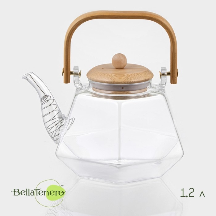 Чайник заварочный стеклянный с бамбуковой крышкой и металлическим фильтром BellaTenero &laquo;Октогон&raquo;, 1,2 л