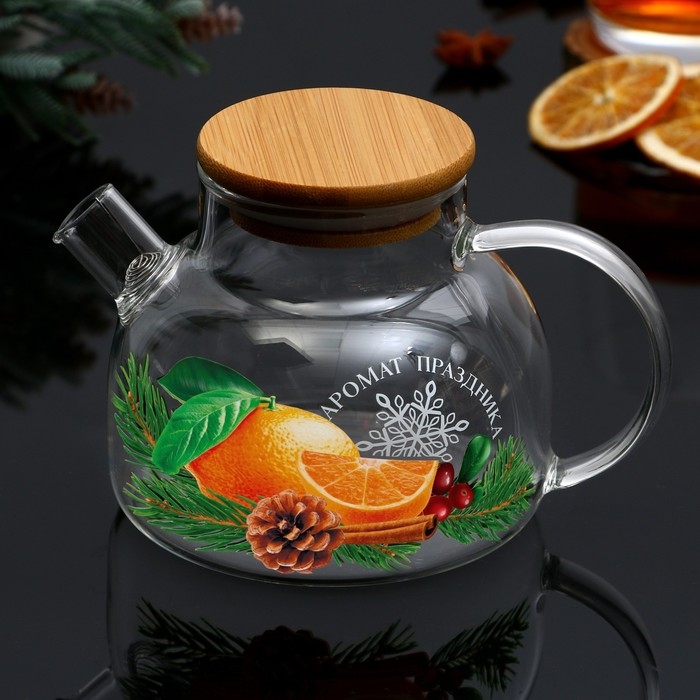 Новый год. Чайник заварочный стеклянный с бамбуковой крышкой &laquo;Аромат праздника&raquo;, 600 мл