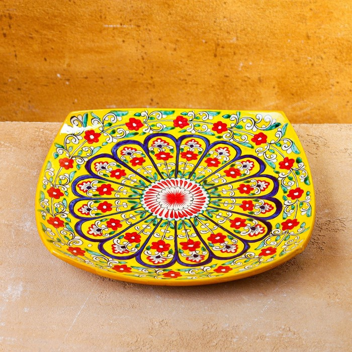 Ляган Риштанская Керамика Ляган Риштанская Керамика "Цветы", 28 см, квадратный, жёлтый микс