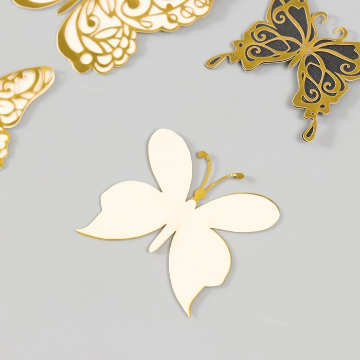 Бабочки картон двойные крылья "Ажурные с золотом" набор 12 шт h=4-10 см