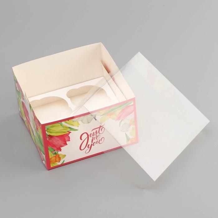 Коробка для 4 капкейка с прозрачной крышкой, Коробка для 4 капкейка с прозрачной крышкой, "Тюльпаны", 16 × 16 × 10 см, кондитерская упаковка