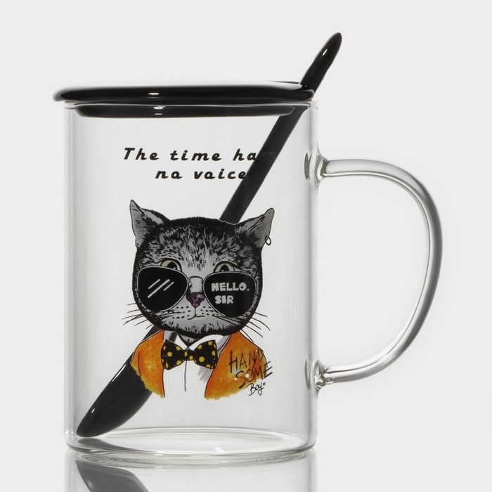 Кружка стеклянная с керамической крышкой и ложкой &laquo;Хипстер&raquo;, 450 мл, рисунок МИКС