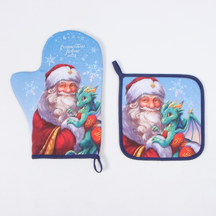 Новый год. Набор кухонный Этель "Сказочный гость": прихватка 19х19 см, варежка-прихватка 20х28 см, 100% хл