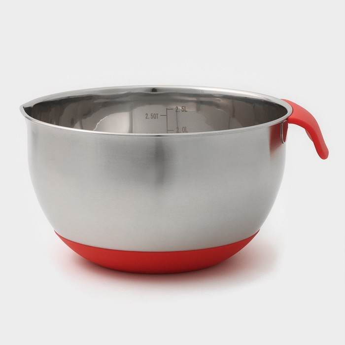 Миска из нержавеющей стали, 2,5 л, 23,5&times;20,5&times;11,5 см, с противоскользящим дном и мерной шкалой, силиконовая ручка, цвет МИКС
