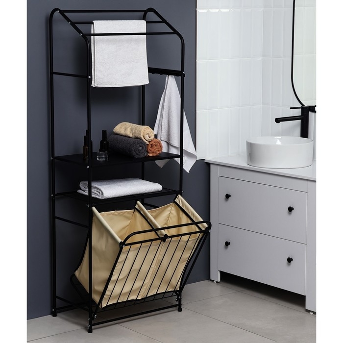 Стеллаж с двойной корзиной для белья и перекладинами, 2-х ярусный, 60&times;35&times;160 см, цвет чёрный