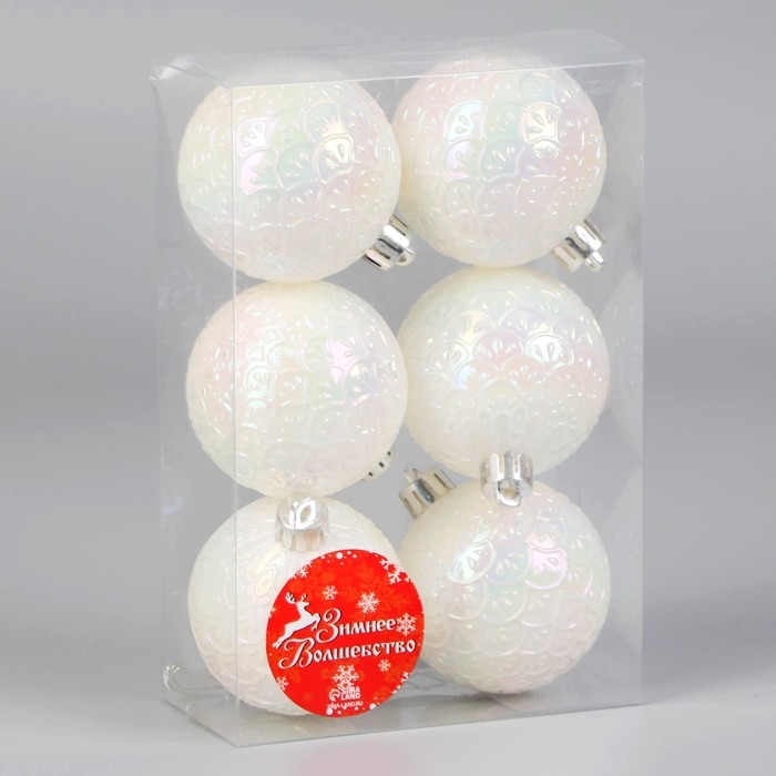 Ёлочные игрушки, шары новогодние , пластик, набор d-6 см, 6 шт "Перл" блеск, белый