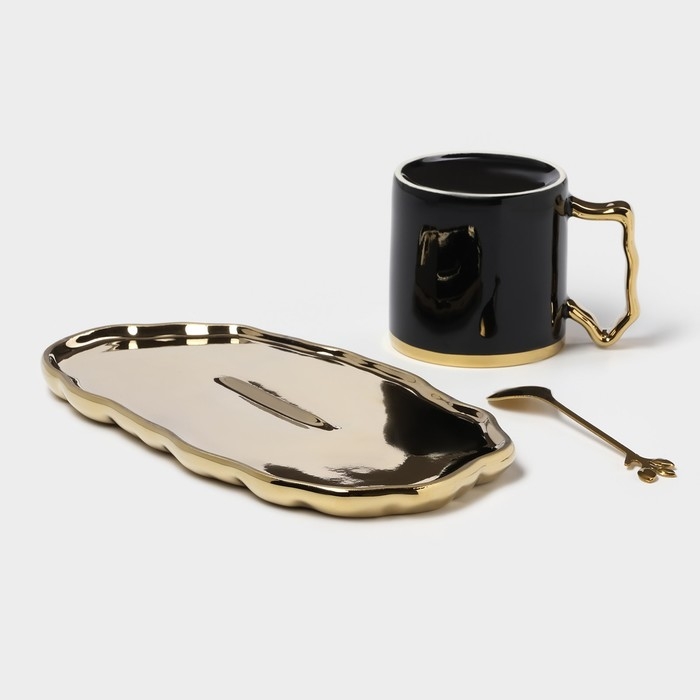 Чайная пара керамическая &laquo;Роскошь&raquo;, 3 предмета: кружка 250 мл, блюдце 23,5&times;13 см, ложка, цвет чёрный