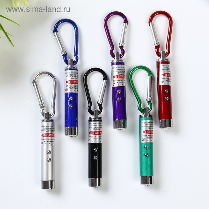 Фонарик+лазер на карабине 2 режима Фонарик+лазер на карабине 2 режима "Металлик" МИКС 9,2х1,3х1,3 см