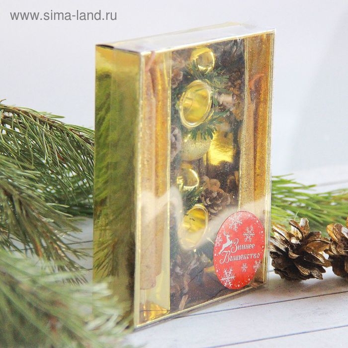 Свеча новогодняя с подсвечником "Золотые шары и шишки" (набор 4 шт) 3,5х15х11 см