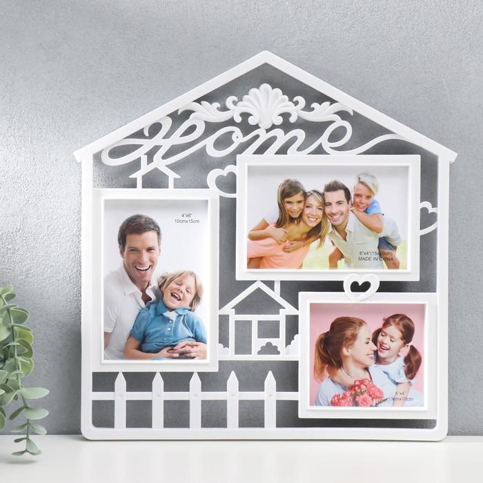 Фоторамка пластик на 3 фото 10х10, 10х15 см Фоторамка пластик на 3 фото 10х10, 10х15 см "Домик в деревне" белый 32,5х34 см