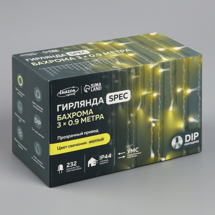 Гирлянда &laquo;Бахрома&raquo; 3 &times; 0.9 м, IP44, УМС, прозрачная нить, 232 LED, свечение жёлтое, 220 В