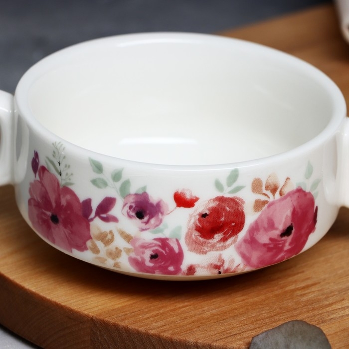Супница с ручками керамическая &laquo;Цветы&raquo;, 10.5 х 5 см, 220 мл, цвет белый