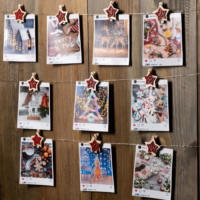 Гирлянда &laquo;Нить&raquo; 2 м роса с насадками &laquo;Прищепки-звёздочки&raquo;, IP20, серебристая нить, 20 LED, батарейки ААх2 (не в комплекте), свечение тёплое белое