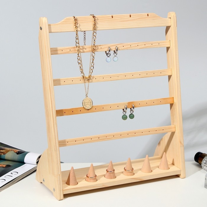 Подставка для украшений 32×12,5×37, 4 ряда по 7 пар серёг, 6 колец, 5 кулонов, цвет бежевый Подставка для украшений 32×12,5×37, 4 ряда по 7 пар серёг, 6 колец, 5 кулонов, цвет бежевый