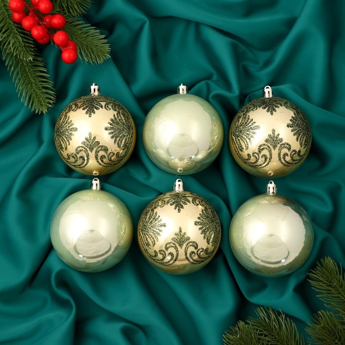 Набор шаров пластик d-7,5 см, 6 шт Набор шаров пластик d-7,5 см, 6 шт "Ажур" золото