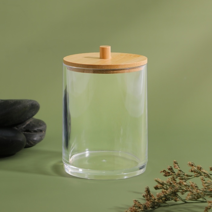 Органайзер для ватных палочек &laquo;BAMBOO&raquo;, с крышкой, 7 &times; 7 &times; 9,5 см, в картонной коробке, цвет прозрачный/коричневый