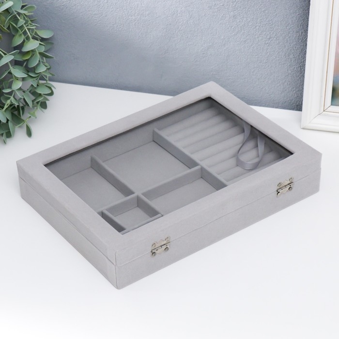 Шкатулка бархат для украшений (колец, браслетов и серёг) Шкатулка бархат для украшений (колец, браслетов и серёг) "Серый туман" 5х20х28 см