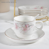 Сервиз чайный керамический на металлической подставке &laquo;Роза&raquo;, 19 предметов: 6 чашек 170 мл, 6 блюдец 13,5 см, 6 ложек, цвет белый