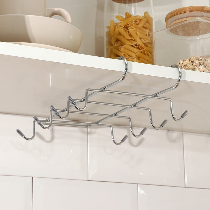 Держатель для кружек подвесной на 8 предметов Доляна, 27,5×20×7,5 см, на толщину полки 3,5 см, цвет хром Держатель для кружек подвесной на 8 предметов Доляна, 27,5×20×7,5 см, на толщину полки 3,5 см, цвет хром