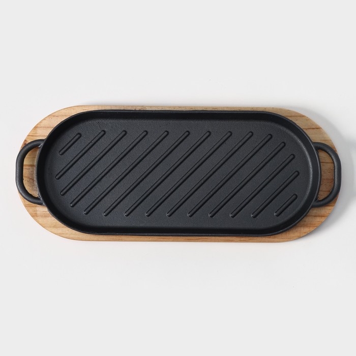 Сковорода чугунная «Овал гриль», 43×16,5×2,5 см, с ручками, на деревянной подставке Сковорода чугунная «Овал гриль», 43×16,5×2,5 см, с ручками, на деревянной подставке