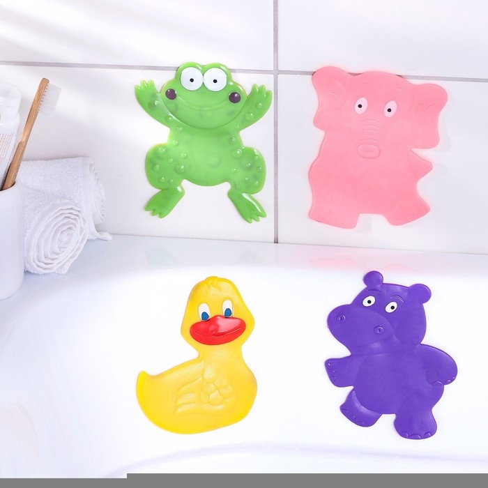 Коврики для ванной на присосках Доляна «Зоопарк», 4 шт, детсие, 11×14 см Коврики для ванной на присосках Доляна «Зоопарк», 4 шт, детсие, 11×14 см