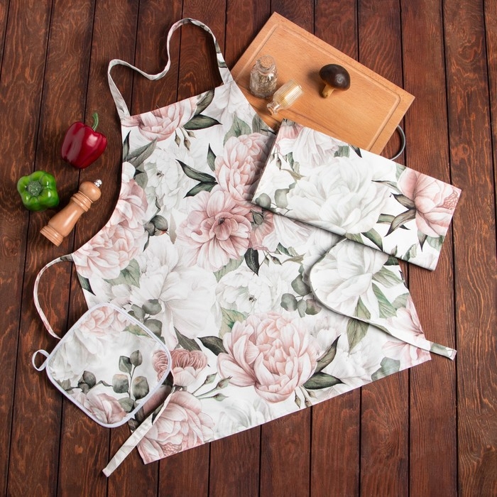 Кухонный набор "Этель" Пионы полотенце 40х73 см, прихватка 19х19 см, фартук 60х65+/-5см