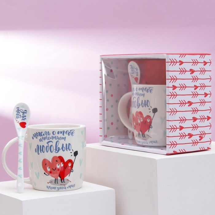 Кружка керамическая с ложкой &laquo;Я тебя люблю&raquo;, 350 мл, цвет белый