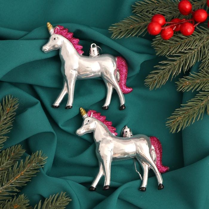 Украшение ёлочное "Сказочные единороги" (набор 2 шт) 9х9 см, серебро