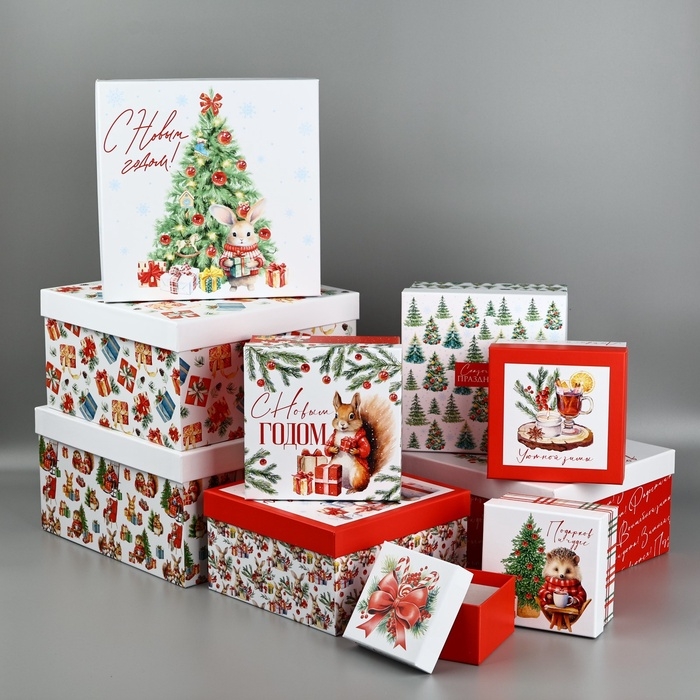 Набор новогодних подарочных коробок 10 в 1 &laquo;Уютный Новый год&raquo;, 10 х10 х 6&ndash;28 х 28 х 15 см, Новый год