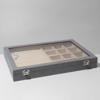 Подставка для украшений &laquo;Шкатулка&raquo; 10 рядов, 12 ячеек, флок, 35&times;24&times;4,5, стеклянная крышка, цвет серо-бежевый