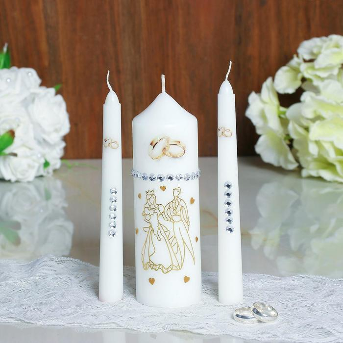 Набор свадебных свечей с бусинами Набор свадебных свечей с бусинами "Обручальные кольца", белый, ручная работа, микс