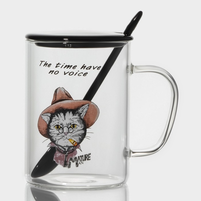 Кружка стеклянная с керамической крышкой и ложкой &laquo;Хипстер&raquo;, 450 мл, рисунок МИКС