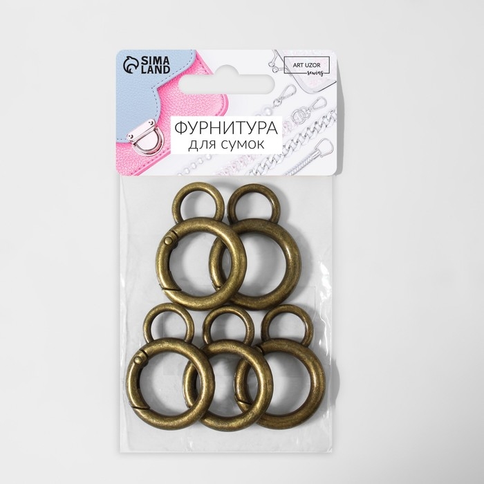 Кольцо-карабин, 37 мм, d = 27/19 мм, толщина - 4 мм, с креплением 12 &times; 3 мм, 5 шт, цвет бронзовый