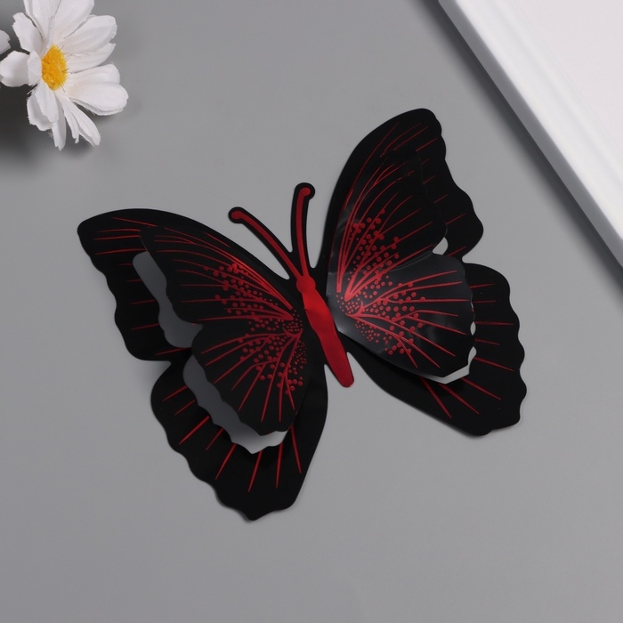 Наклейка пластик "Бабочки чёрные с красным" двойные крылья набор 12 шт 12 см, 10 см 8 см