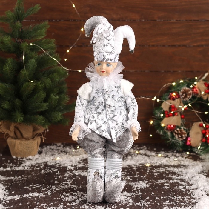 Новогодний шут "В блестящем костюме" двигается, 48х16 см, серебро